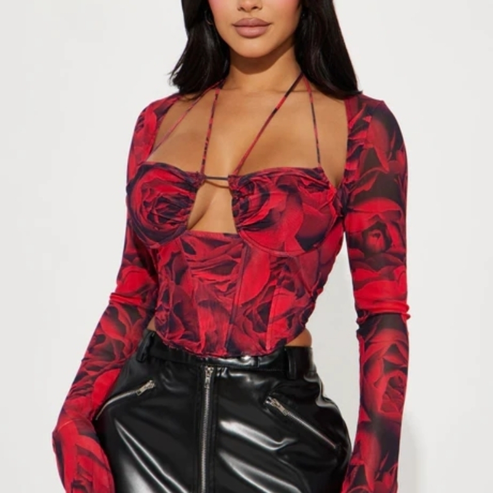 Fashion Nova Miranda Mesh Red Rose Print Long Sleeve Corset Top